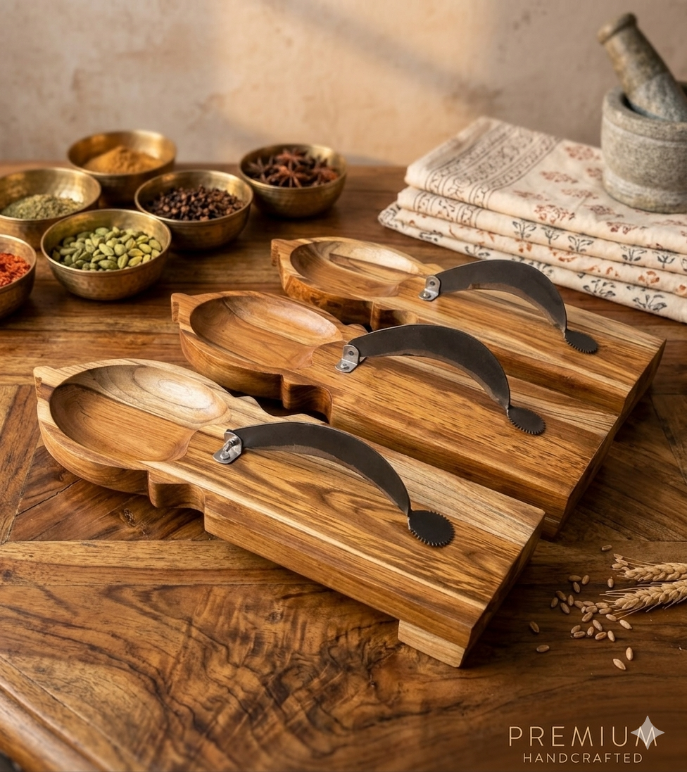 traditional teak wood vegetable cutter and coconut scraper