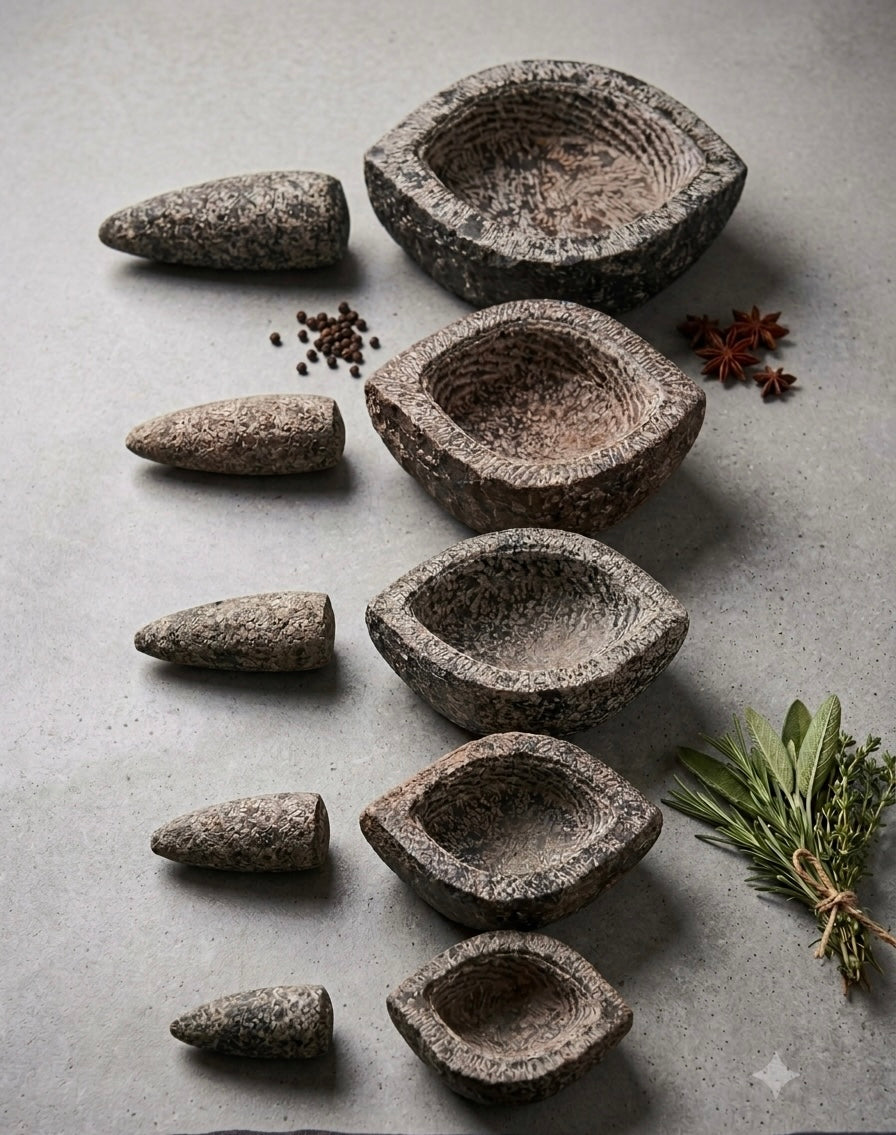 Traditional Handmade Boat Shape Mortar Pestle Set  (Ariyuva Kallu)