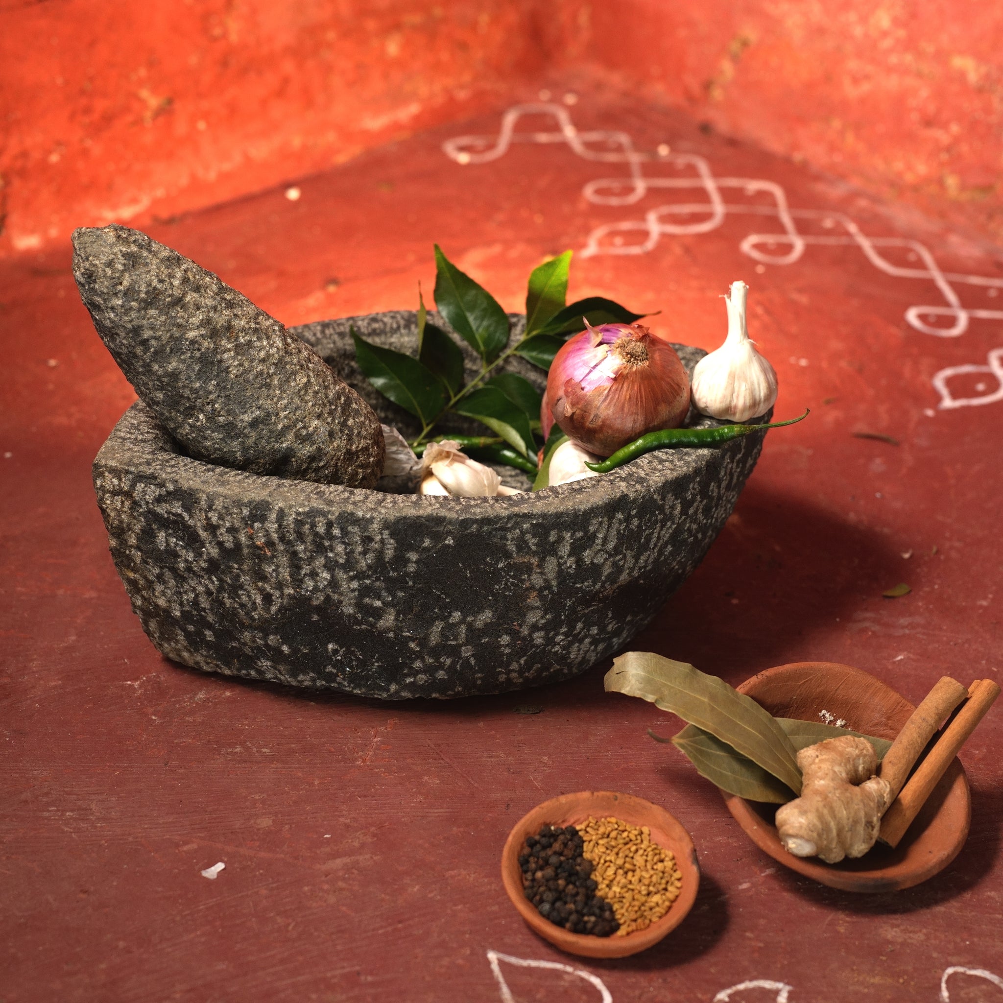 Handmade Boat Shape Mortar Pestle Set  (Ariyuva Kallu)