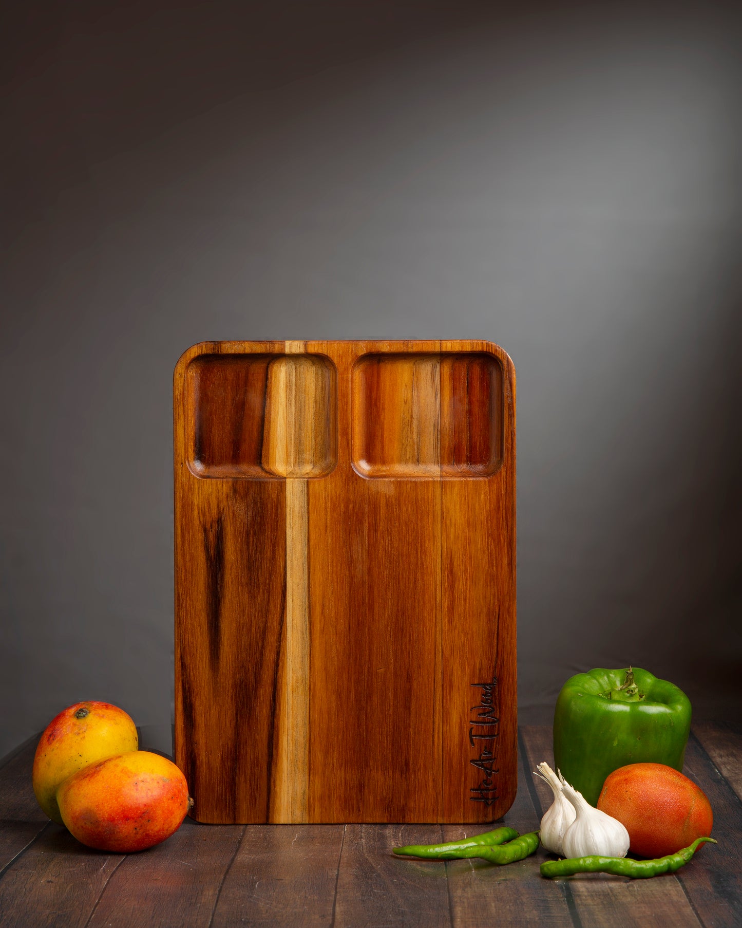 Teak Wood 2 Dip Chopper and Serving Platter